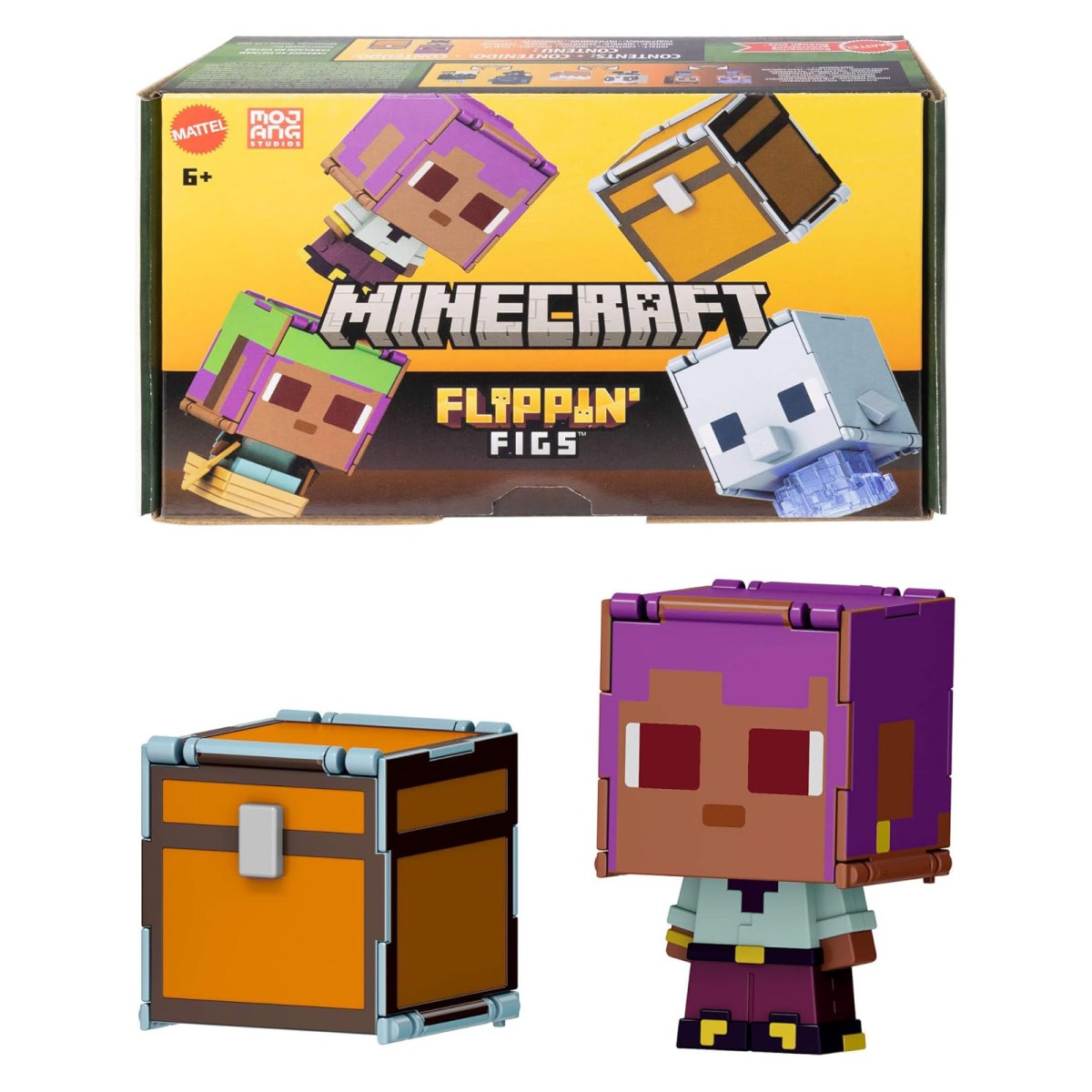 Mattel JCY31 - Minecraft - Flippin' Figs 2er-Pack, Actionfiguren ca. 9cm mit großen Köpfen, Segelnder Efe und Delfin + Truhe
