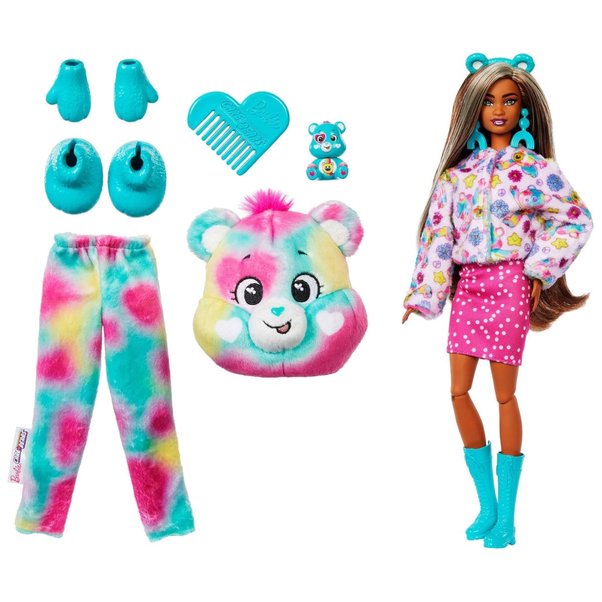Mattel JFV62 - Barbie - Cutie Reveal - Care Bears - Glücksbärchis - Puppe mit Good-Vibes-Bärchi-Kostüm und 10 Überraschungen