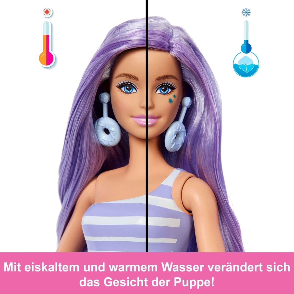 Mattel JFY60 - Barbie - Pop Reveal - Modepuppe mit 8 Überraschungen und formbaren Sand (56g), Donut Dreams Design
