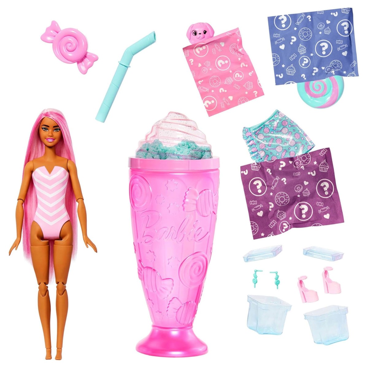 Mattel JFY62 - Barbie - Pop Reveal - Modepuppe mit Haustier, 8 Überraschungen, Treat Serie, Farbwechseleffekt