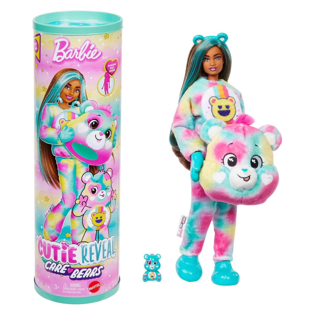 Mattel JFV62 - Barbie - Cutie Reveal - Care Bears - Glücksbärchis - Puppe mit Good-Vibes-Bärchi-Kostüm und 10 Überraschungen