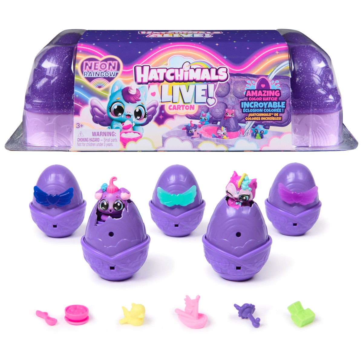 Spin Master 6072615 (20151402) sort. - Hatchimals - Hatchimals Alive Neon Rainbow Eierkarton Spielset - mit 5 selbstschlüpfenden Eiern und 11 Accessoires für fantasievollen Spielspaß