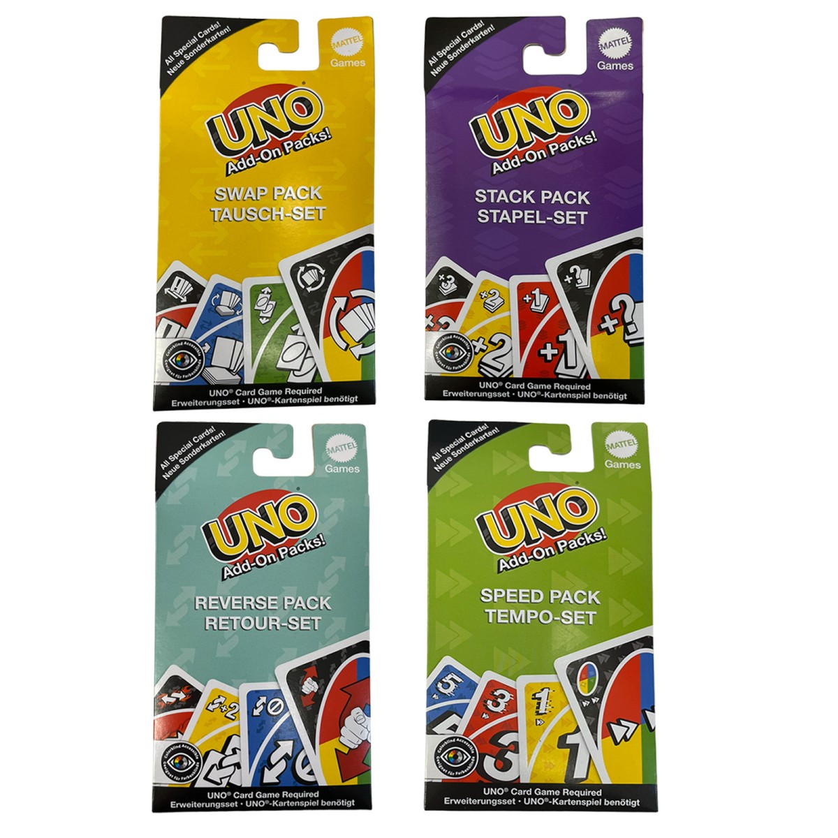SPAR-SET 423928 - Mattel Games - UNO - Kartenspiel (Grundversion) + 4 Add-On-Packs mit barrierefreier Farbgestaltung