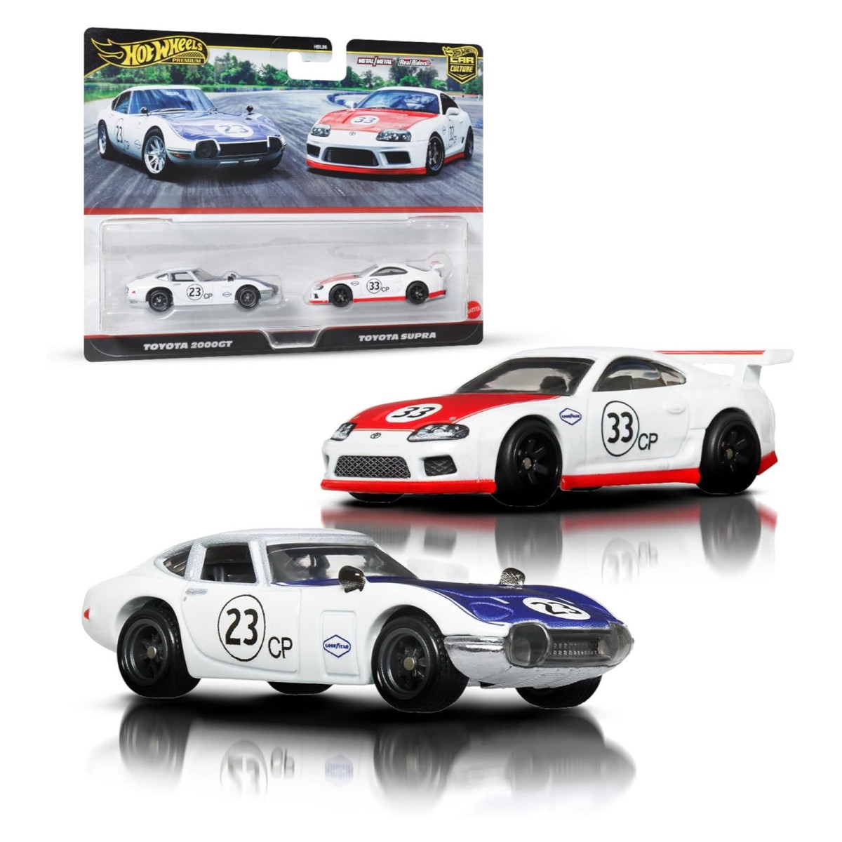 Mattel JBL03 - Hot Wheels - Premium Car Cuture - 2er-Pack Die-Cast Fahrzeuge 1:64 mit Real Riders, 2000GT & Supra