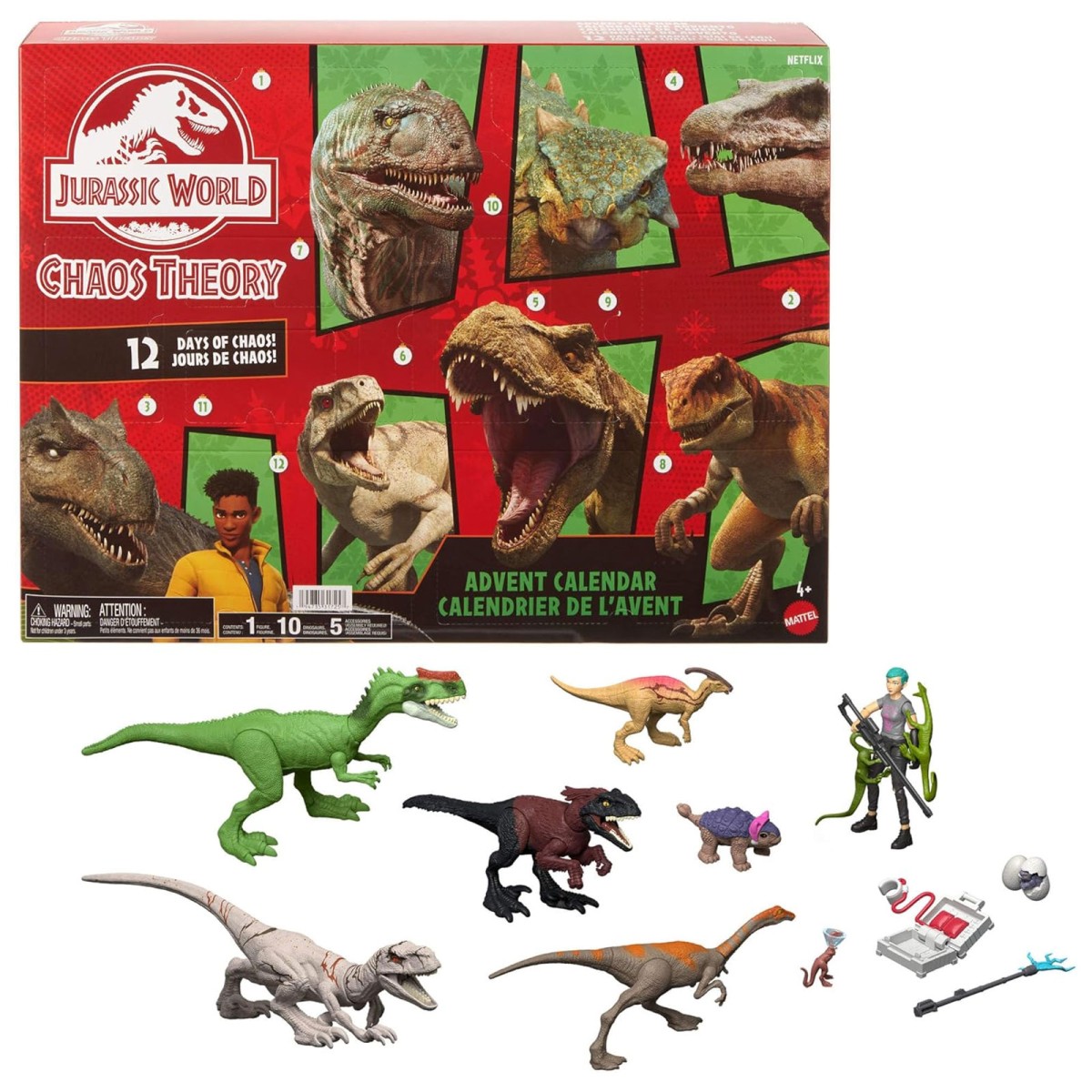 Mattel JGM17 - Jurassic World - Adventskalender Die Chaostheorie - 12 Türchen mit 9 Dino-Figuren, Brooklynn-Figur & Zubehör