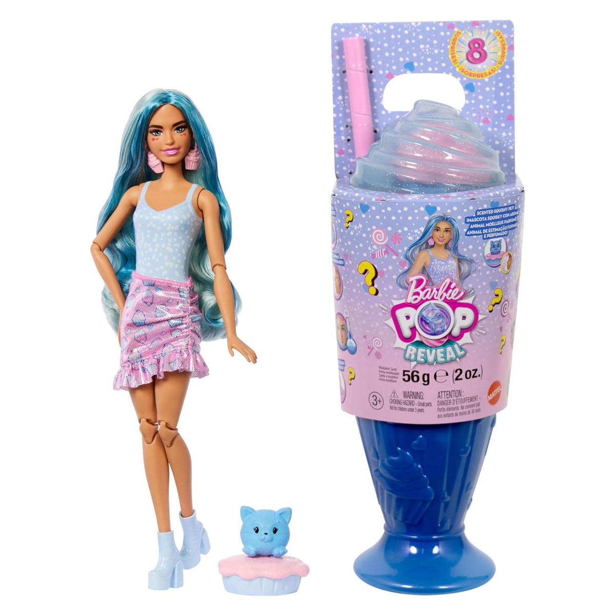 Mattel JFY61 - Barbie - Pop Reveal - Modepuppe mit 8 Überraschungen und formbaren Sand (56g), Cupcake Design