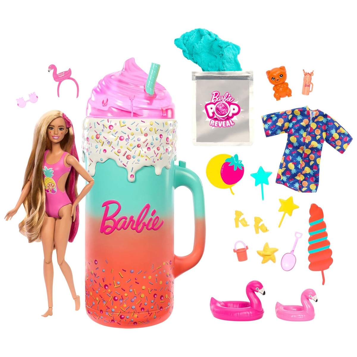 Mattel HRK57 - Barbie - Pop Reveal - Rise & Surprise Geschenkset, Puppe mit 15 Überraschungen, Tropical Smoothie