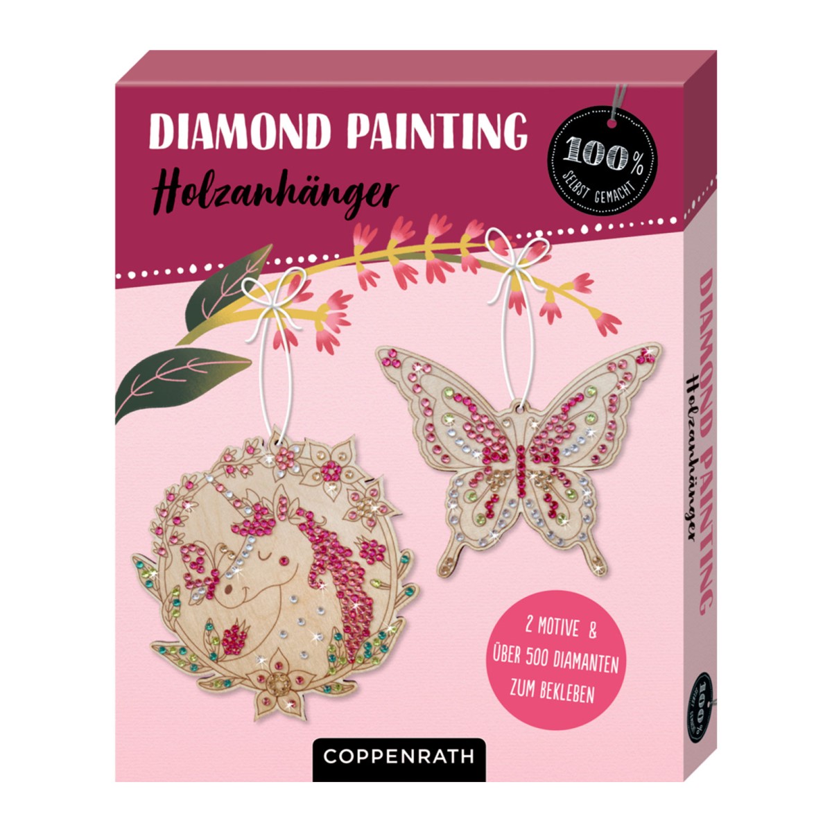 Coppenrath 95537-Rosa - Die Spiegelburg - 100% selbst gemacht - Holzanhänger Diamond Painting, Schmetterling/Einhorn