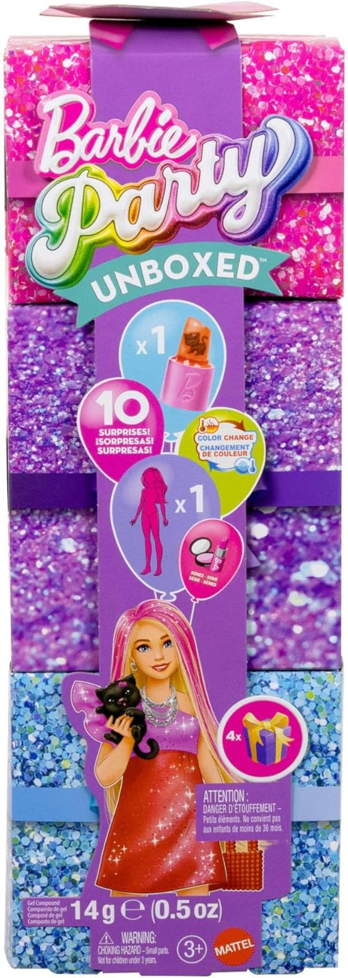 Mattel JFY68 - Barbie - Party Unboxed Glam Party – Modepuppe mit 10 Überraschungen
