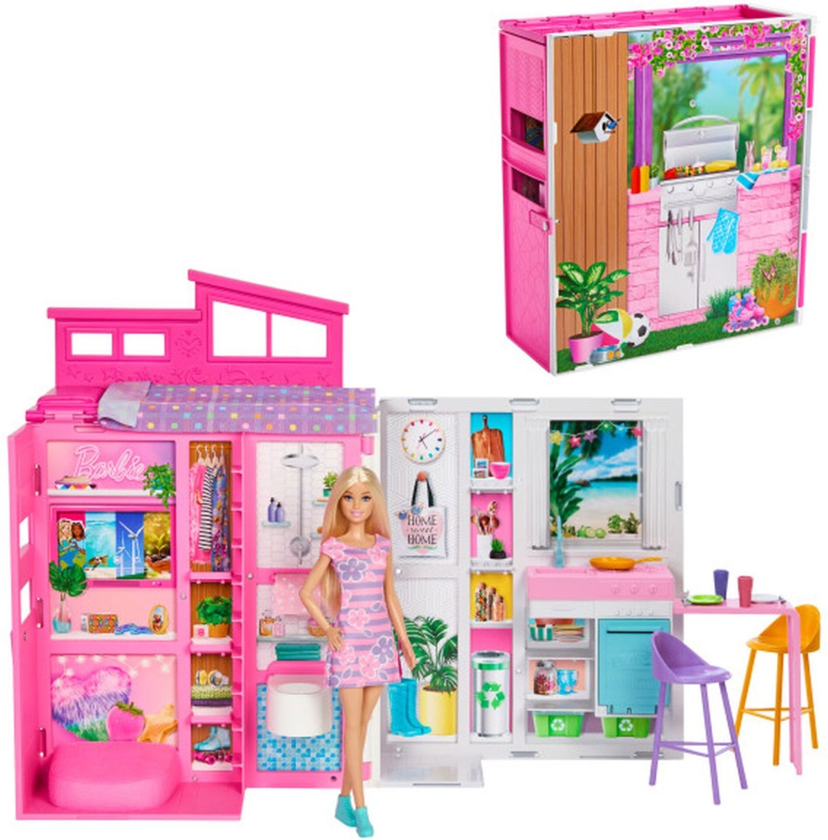 Mattel HRJ77 - Barbie - Ferienhaus – Puppenhaus mit 4 Spielbereichen & 11 Zubehörteilen (keine Puppen enthalten)