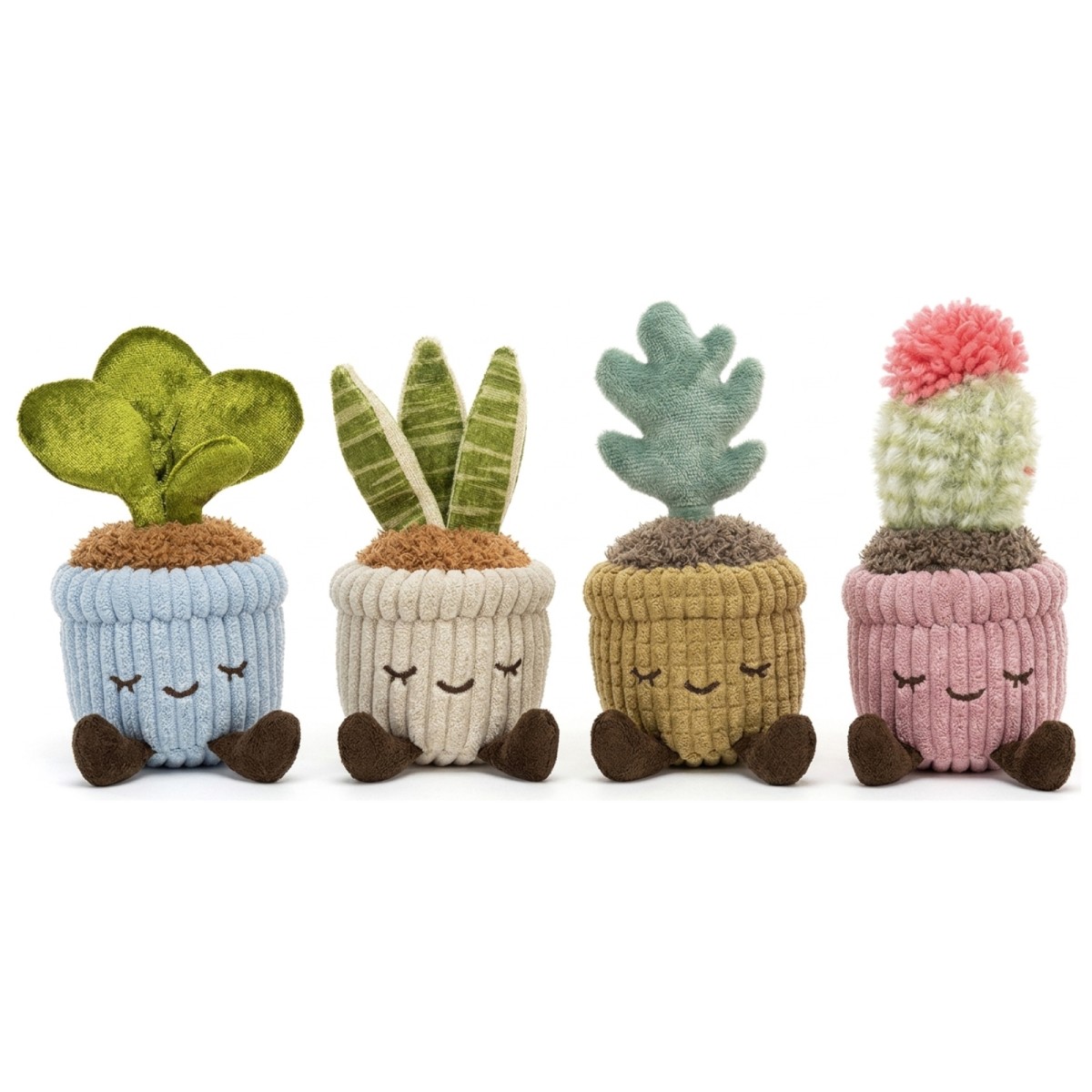 Jazwares RBCR00710 BUNDLE - Greenhouse - 4er-Set Plüsch-Pflanzen – Blühender Kaktus, Monstera, Schlangenpflanze & Gummibaum – ca. 13,4–15 cm