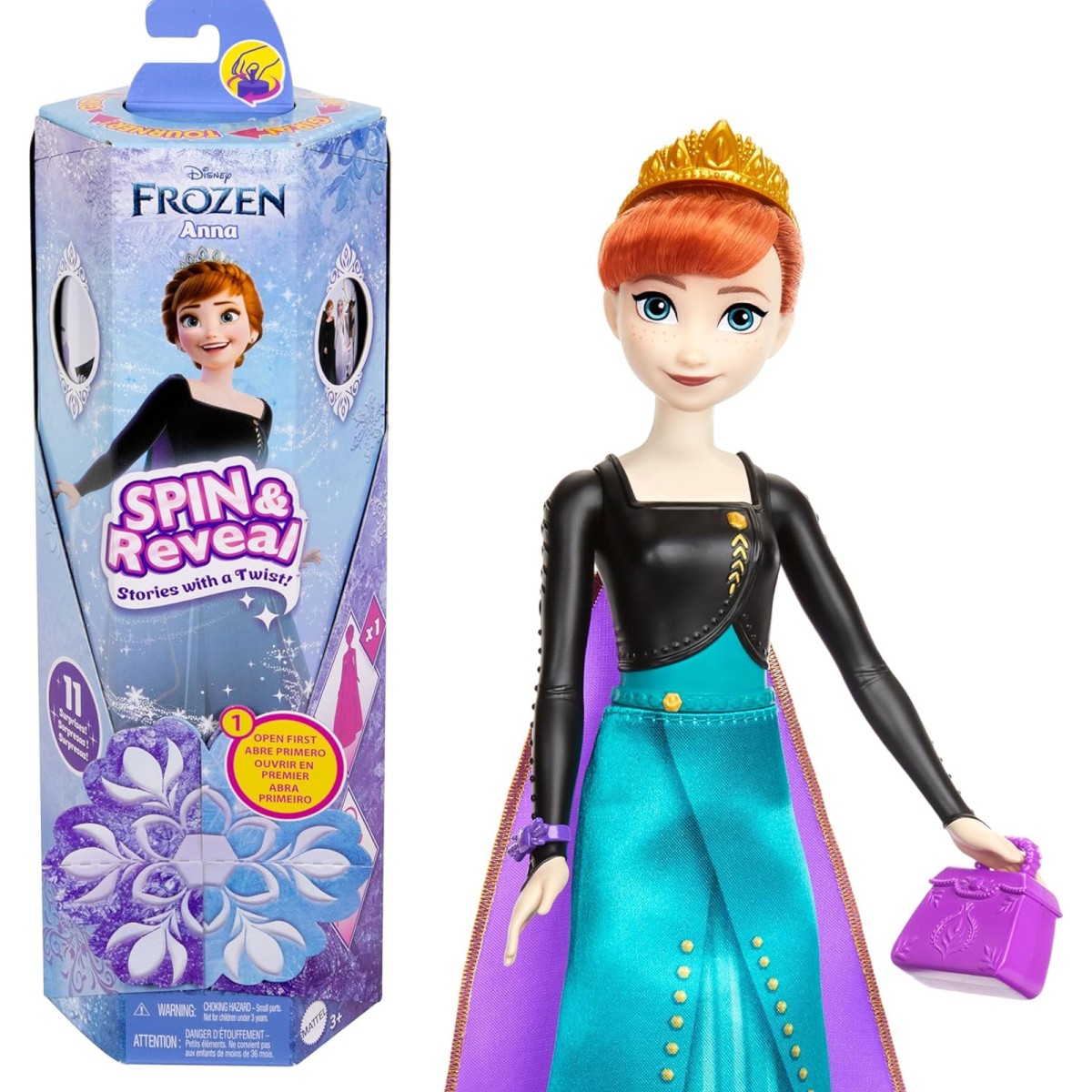 Mattel HXD27 - Disney Frozen - Spin & Reveal - Die Eiskönigin: Anna Puppe mit zusätzlichen Überraschungen