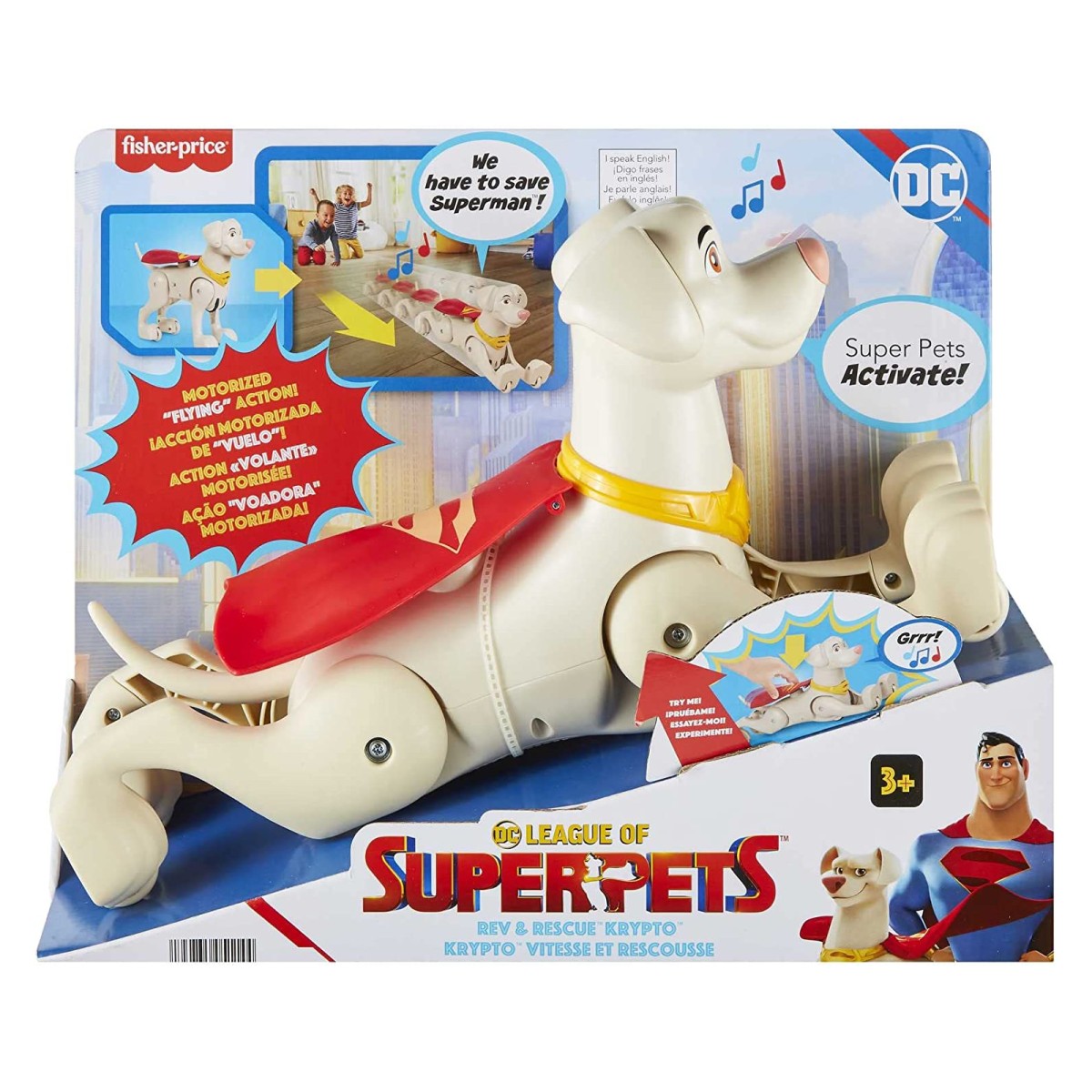 Mattel HJF35 - Fisher-Price - DC League of Superpets - Superspeed-Flug Hund Krypto - beweglich mit Sound, 35,5 cm