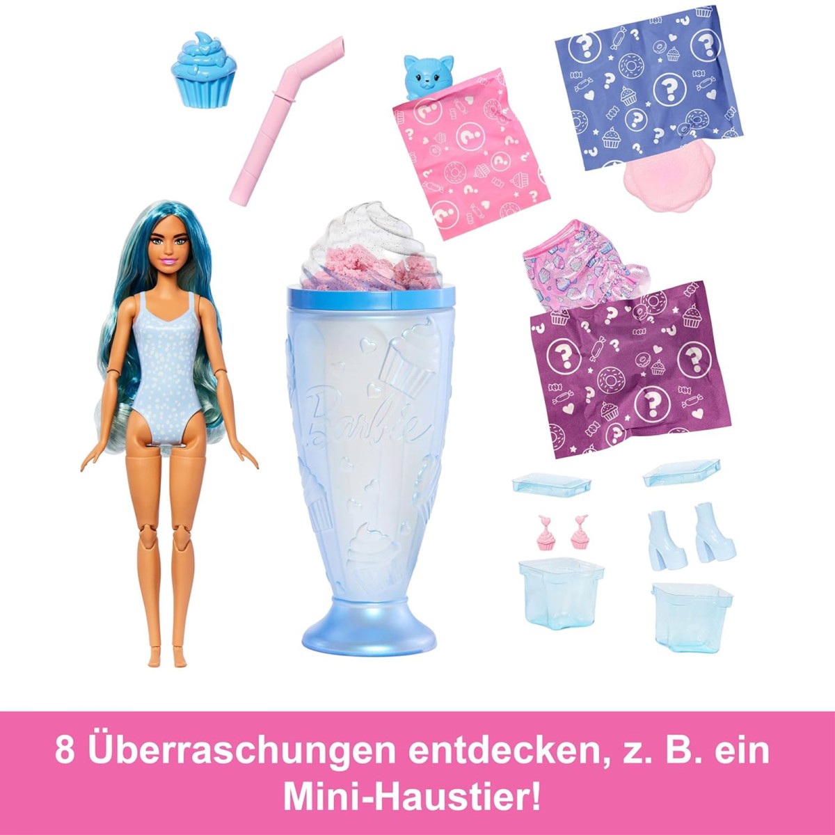 Mattel JFY61 - Barbie - Pop Reveal - Modepuppe mit 8 Überraschungen und formbaren Sand (56g), Cupcake Design