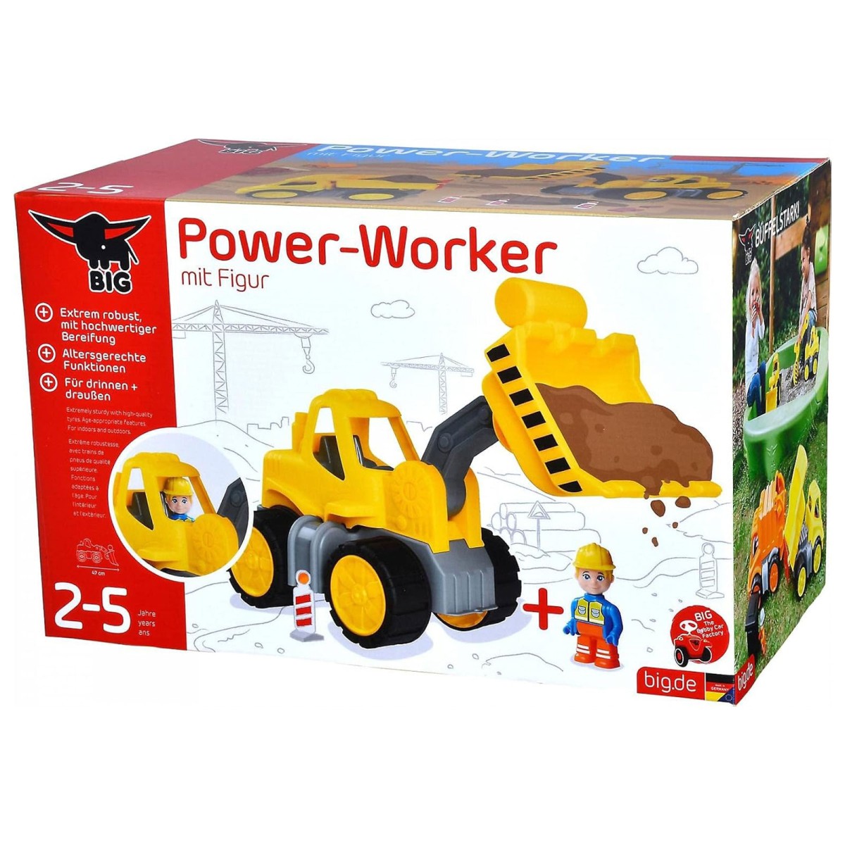 BIG 800054837 - Power-Worker - Midi Radlader mit Figur – Baustellenfahrzeug 47 cm, große Schaufel