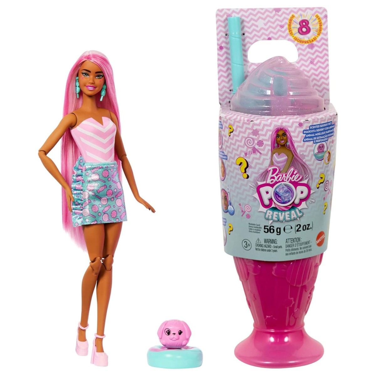 Mattel JFY62 - Barbie - Pop Reveal - Modepuppe mit Haustier, 8 Überraschungen, Treat Serie, Farbwechseleffekt