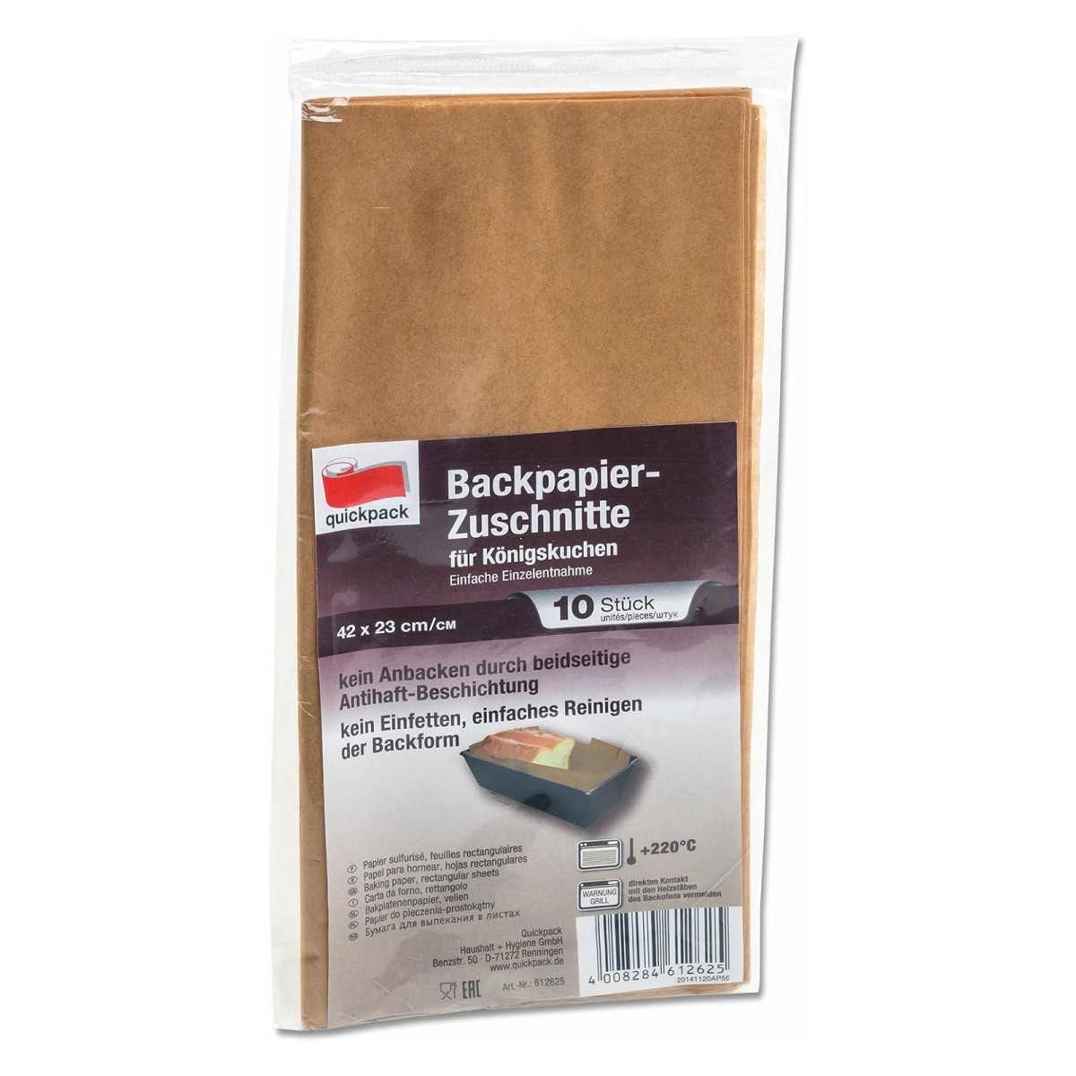 QuickPack 612625B - Backpapier-Zuschnitte, eckig für Königskuchen 42 x 23cm, 10er-Pack