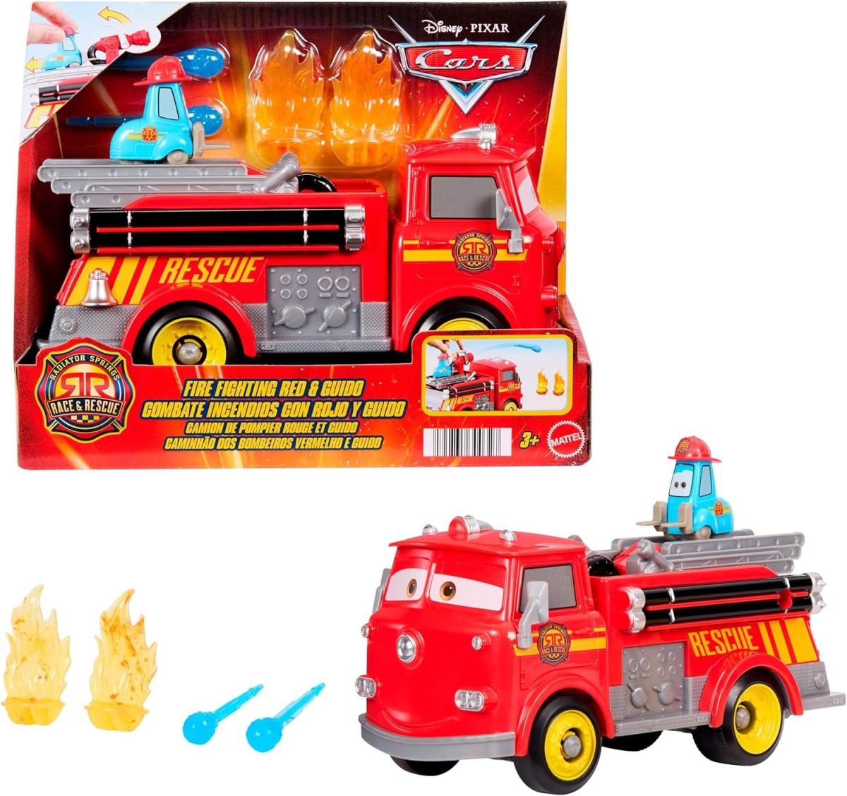 Mattel JFL54 - Disney Pixar Cars - Radiator Springs, Spielset, Feuerwehrauto Red und Guido, mit Zubehörteilen