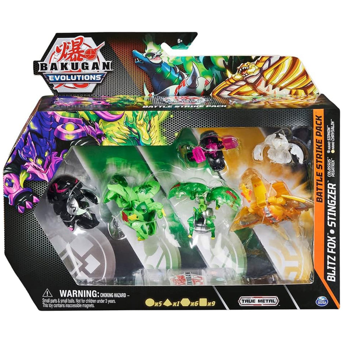 Spin Master 6062874 (20134751) - Bakugan Evolutions - Battle Strike Pack inkl. Blitz Fox, Stingzer, Colossus, Pegatrix, Nano Siphon & Nano Chrysalin