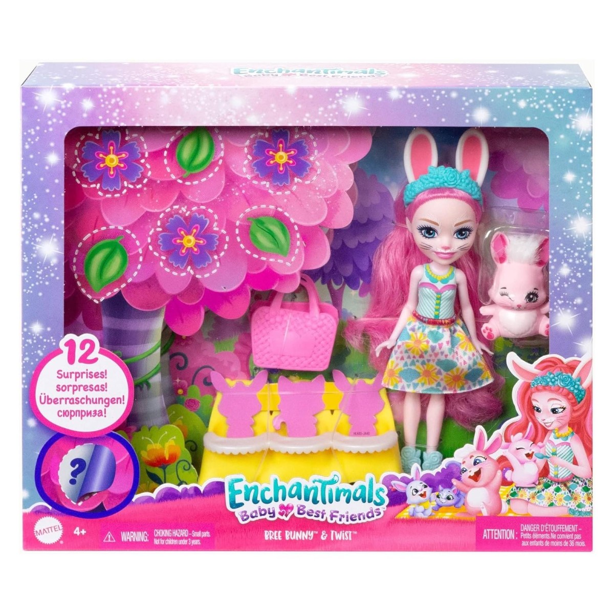 Mattel HLK85 - Enchantimals - Baby Best Friends - Puppe 12 cm mit Tierfreund und 12 Überrachungen, Bree Bunny & Twist