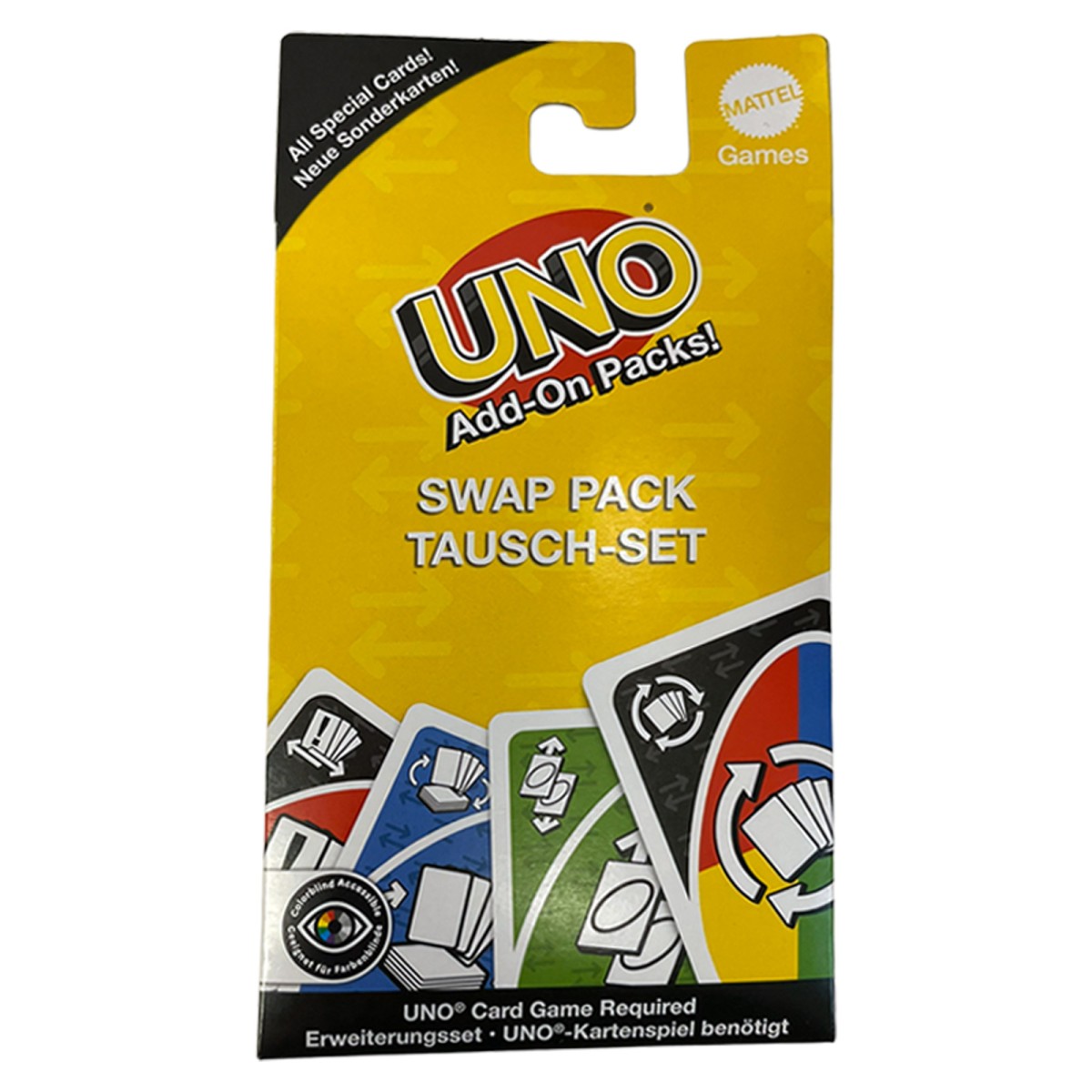 Mattel JCV55 BUNDLE sort. - Mattel Games - UNO Add-On Packs, Erweiterungen, Retour-/Tempo-/Stapel- & Tausch-Set mit barrierefreier Farbgestaltung