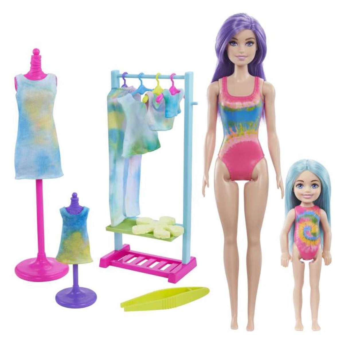 Mattel HCD29 - Barbie Chelsea - Color Reveal - Tie Dye Fahion Maker - Färbe-Set mit Barbie und Chelsea Puppe