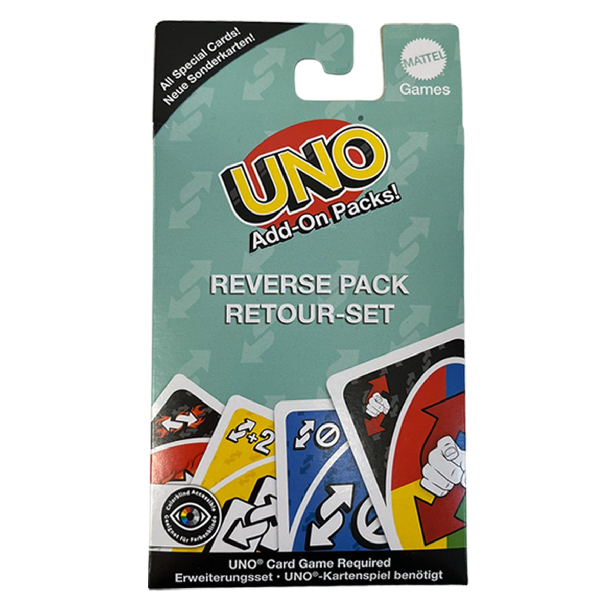 Mattel JCV55 BUNDLE sort. - Mattel Games - UNO Add-On Packs, Erweiterungen, Retour-/Tempo-/Stapel- & Tausch-Set mit barrierefreier Farbgestaltung